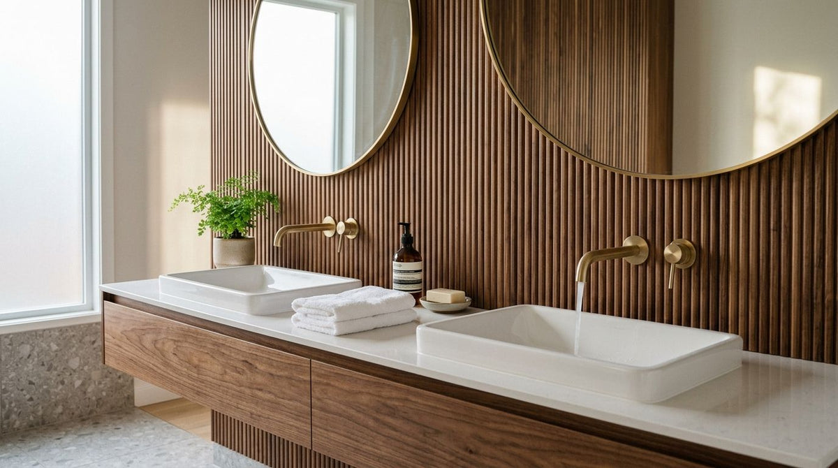 Reeded walnut wall panels for bathroom vanity walls