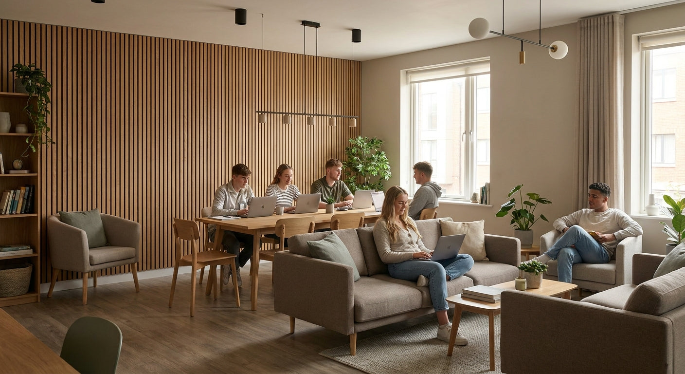 Acoustic wood panels for student accommodation common rooms