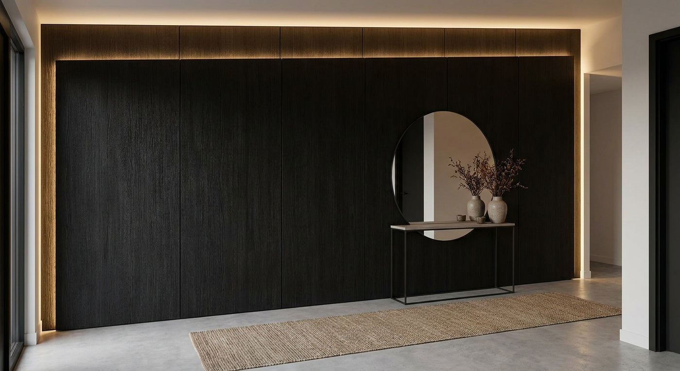 Black oak veneer panels for hallway feature walls