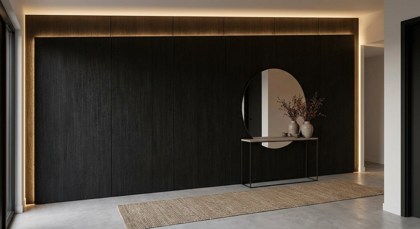 Black oak veneer panels for hallway feature walls