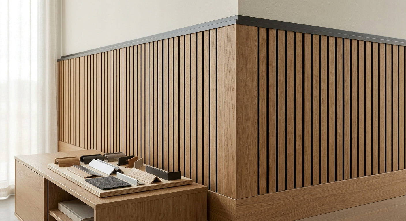 End pieces and trims for acoustic wall panel finishes
