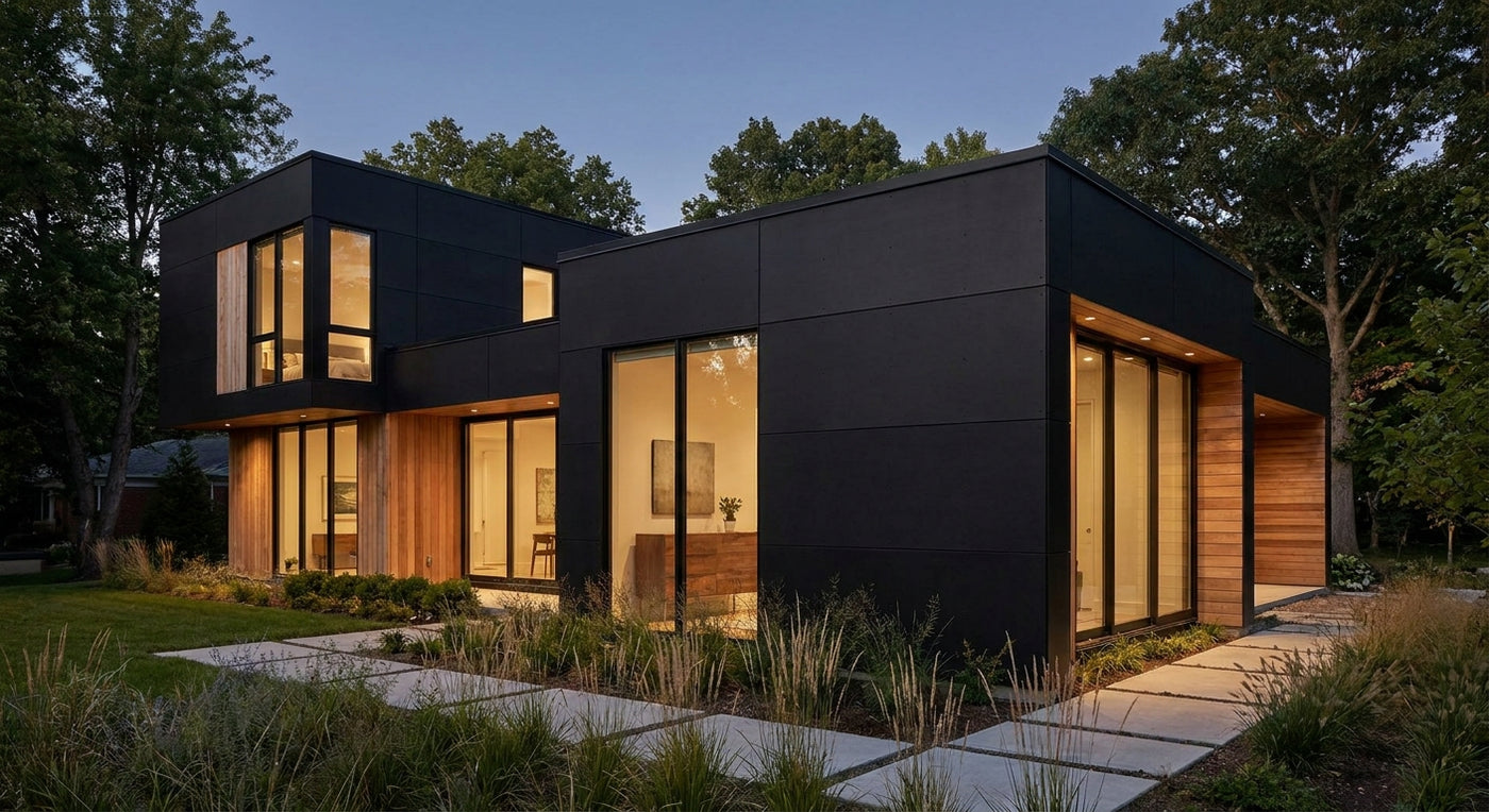 Black exterior cladding panels for modern homes