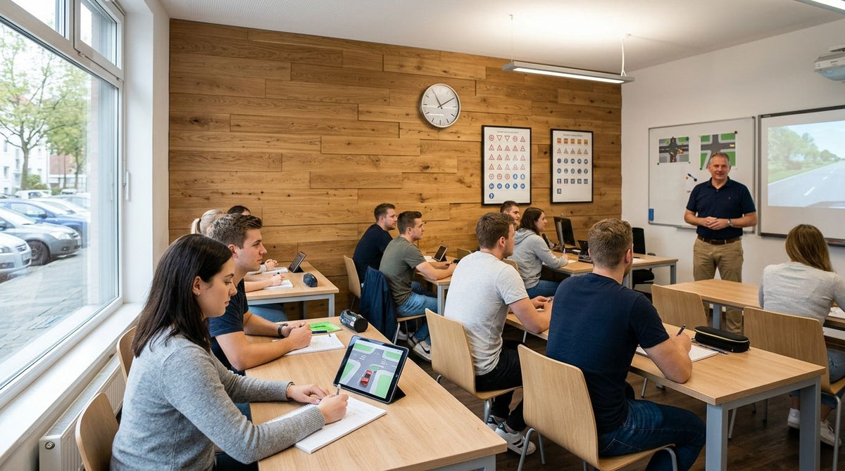 Wooden wall panels for driving school classroom interiors