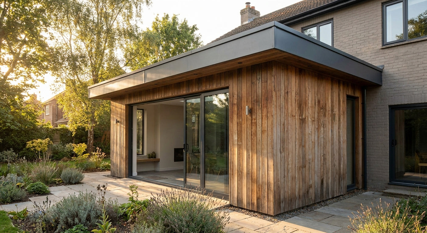 Outdoor cladding panels for flat-roof extensions