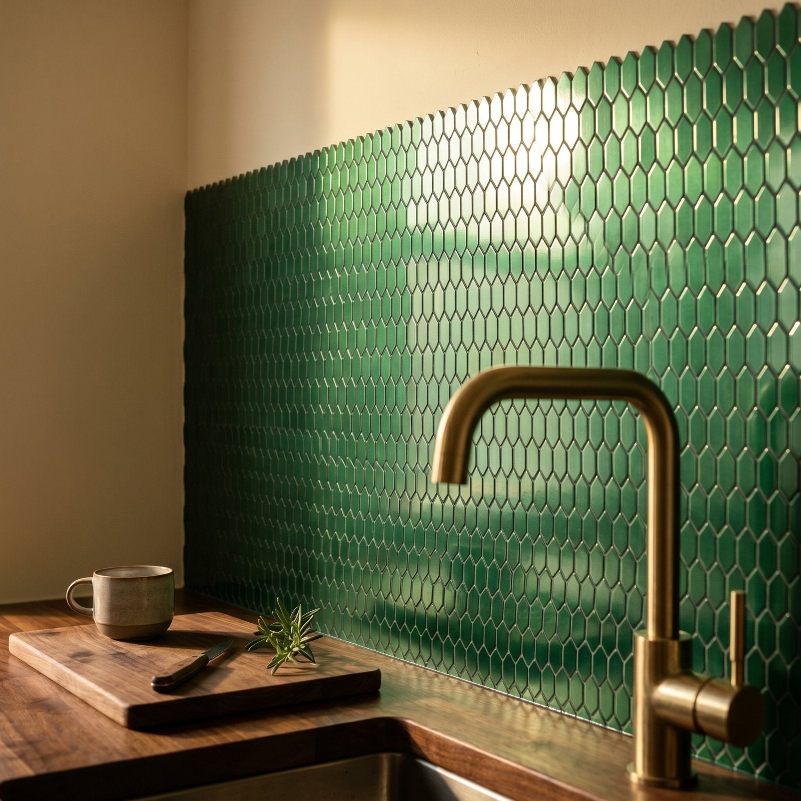 Picket 3D Dark Green Peel & Stick Splashback | 31×30 cm | Self-Adhesive Mosaic Tile