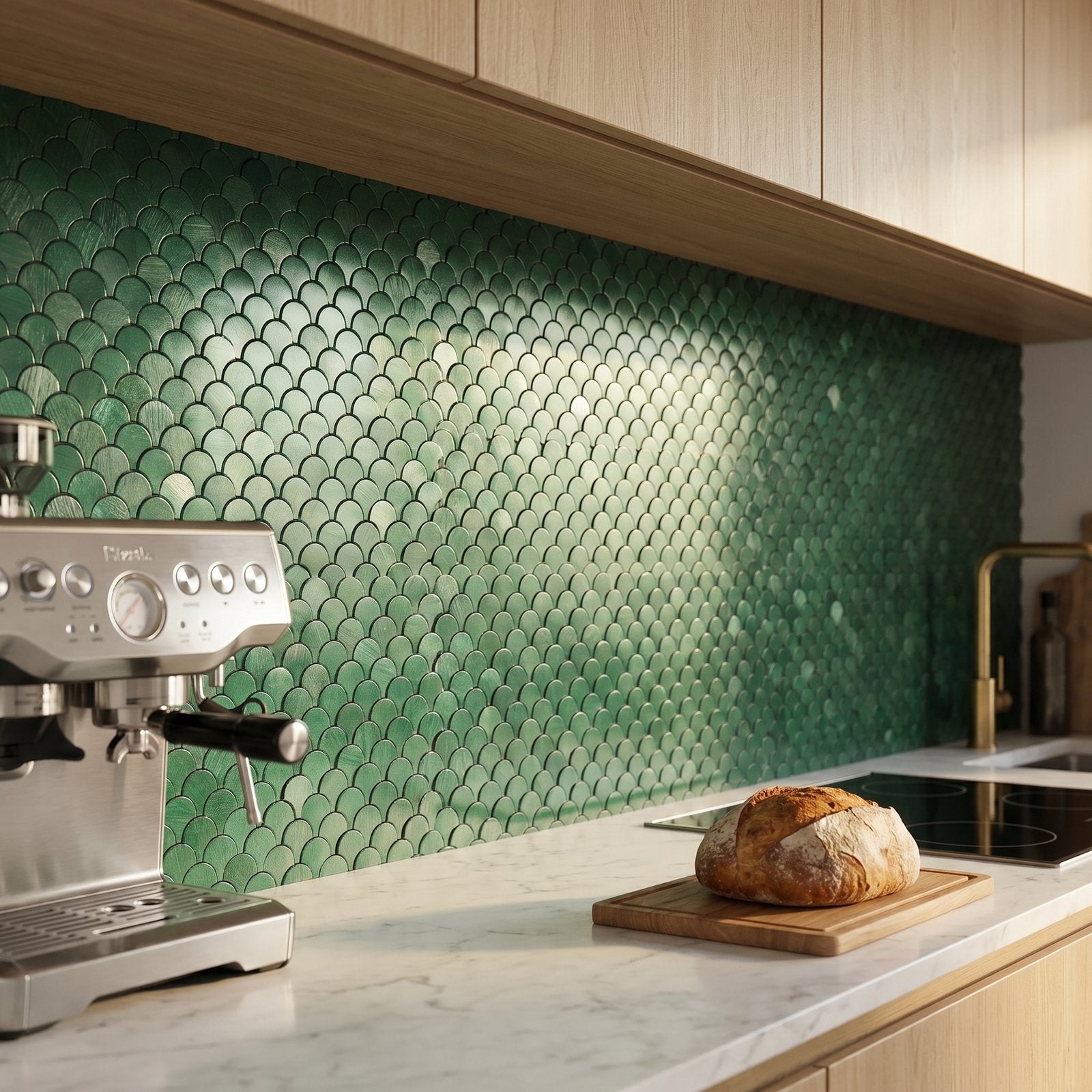 Fish Scale 3D Dark Green Peel & Stick Splashback | 28.8×29.8 cm | Self-Adhesive Mosaic Tile