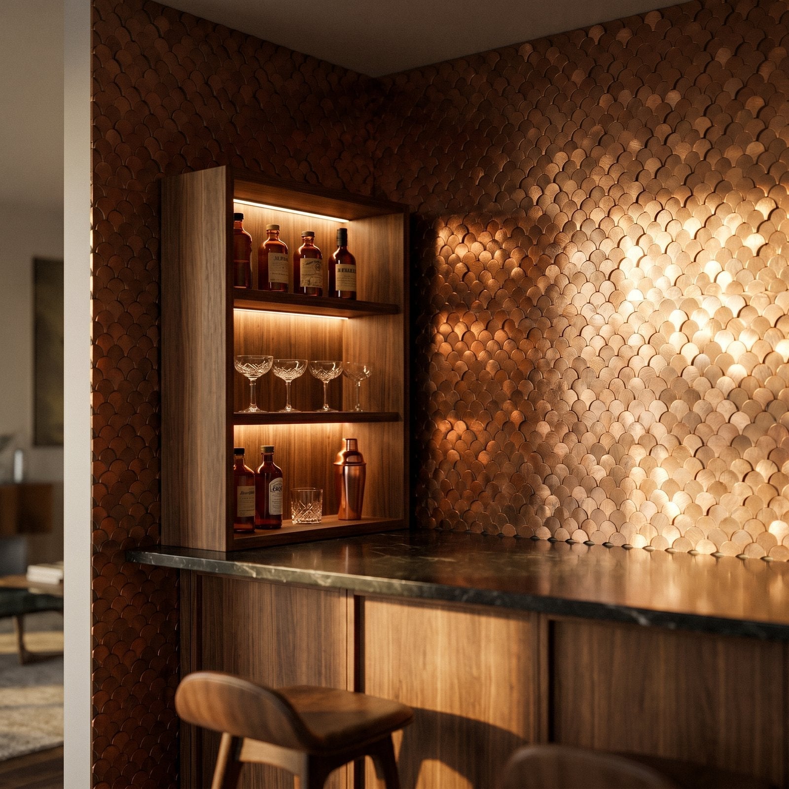Fish Scale 3D Copper Peel & Stick Splashback | 28.8×29.8 cm | Self-Adhesive Mosaic Tile