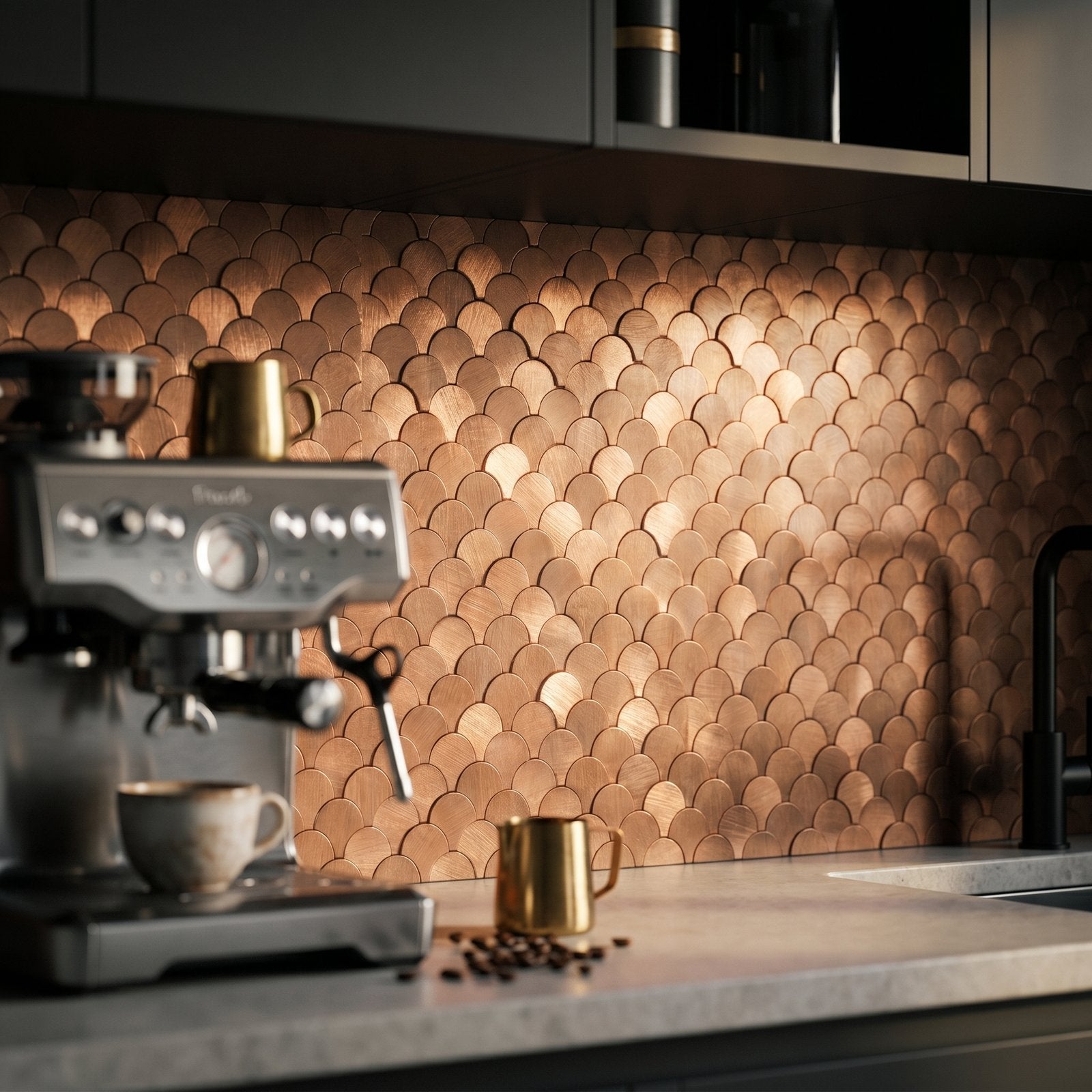 Fish Scale 3D Copper Peel & Stick Splashback | 28.8×29.8 cm | Self-Adhesive Mosaic Tile