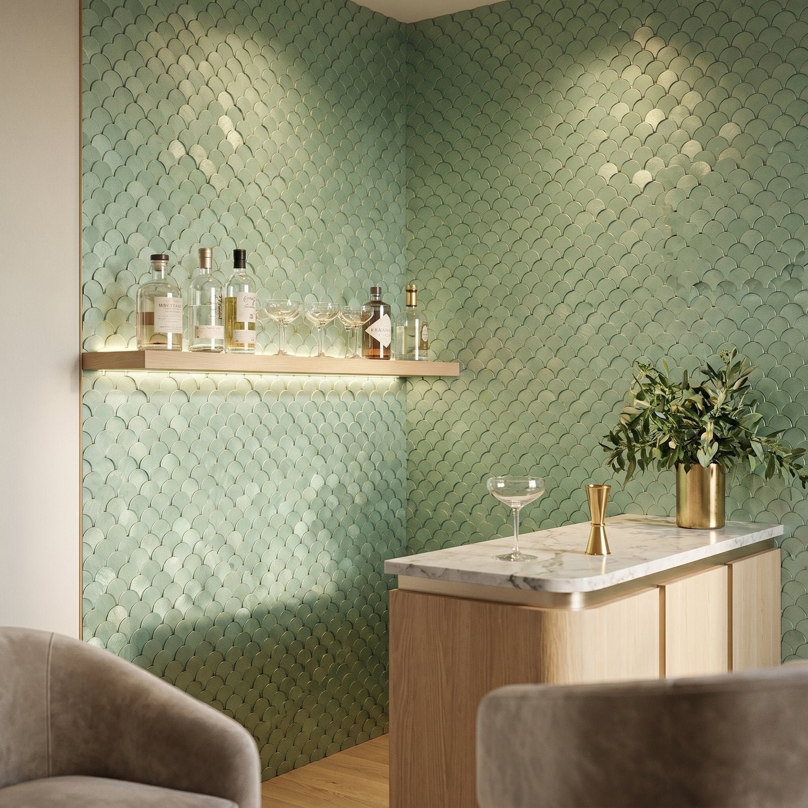 Fish Scale 3D Pastel Green Peel & Stick Splashback | 28.8×29.8 cm | Self-Adhesive Mosaic Tile