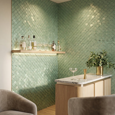 Fish Scale 3D Pastel Green Peel & Stick Splashback | 28.8×29.8 cm | Self-Adhesive Mosaic Tile
