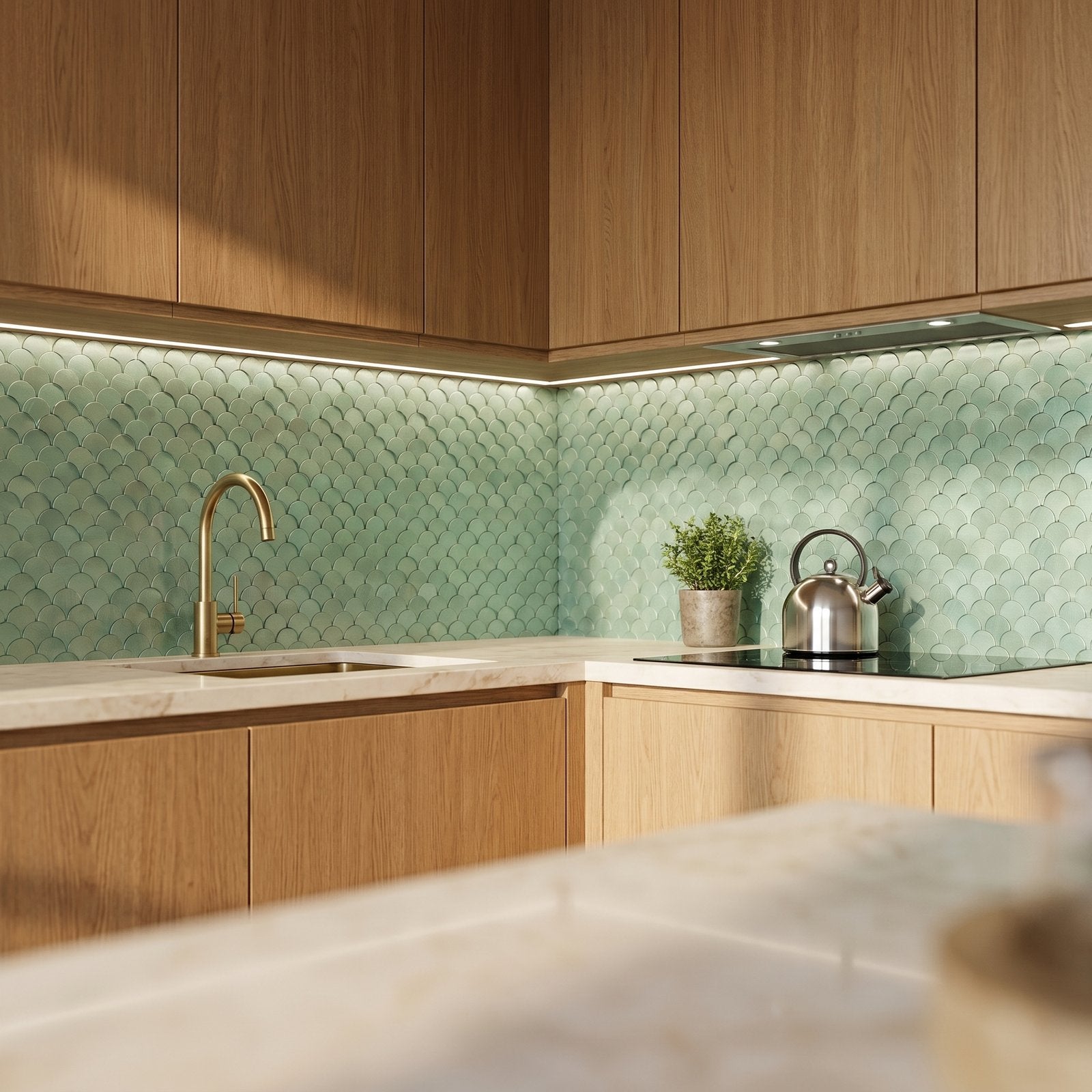 Fish Scale 3D Pastel Green Peel & Stick Splashback | 28.8×29.8 cm | Self-Adhesive Mosaic Tile