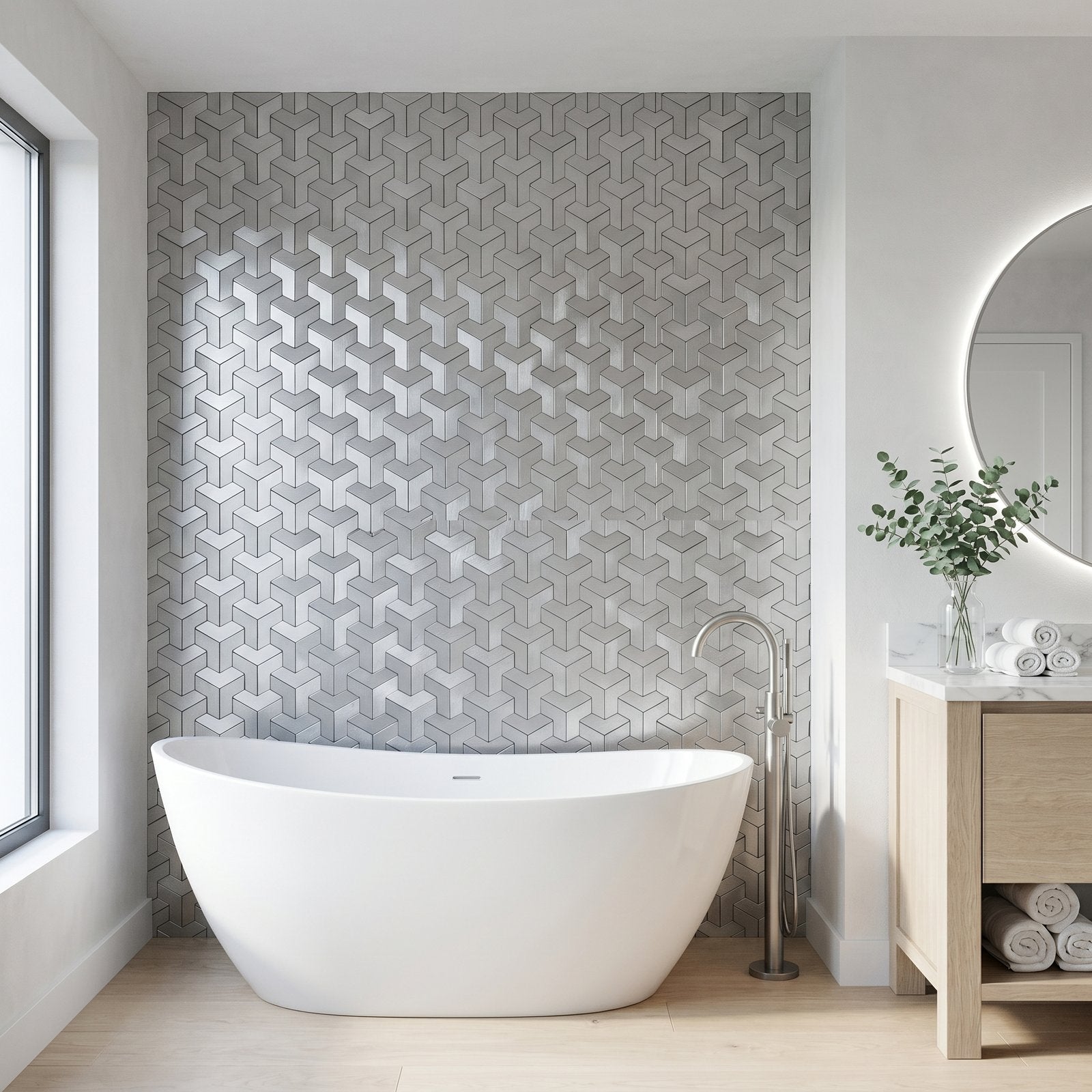 Trifold 3D Silver Peel & Stick Splashback | 30.3×28 cm | Self-Adhesive Mosaic Tile