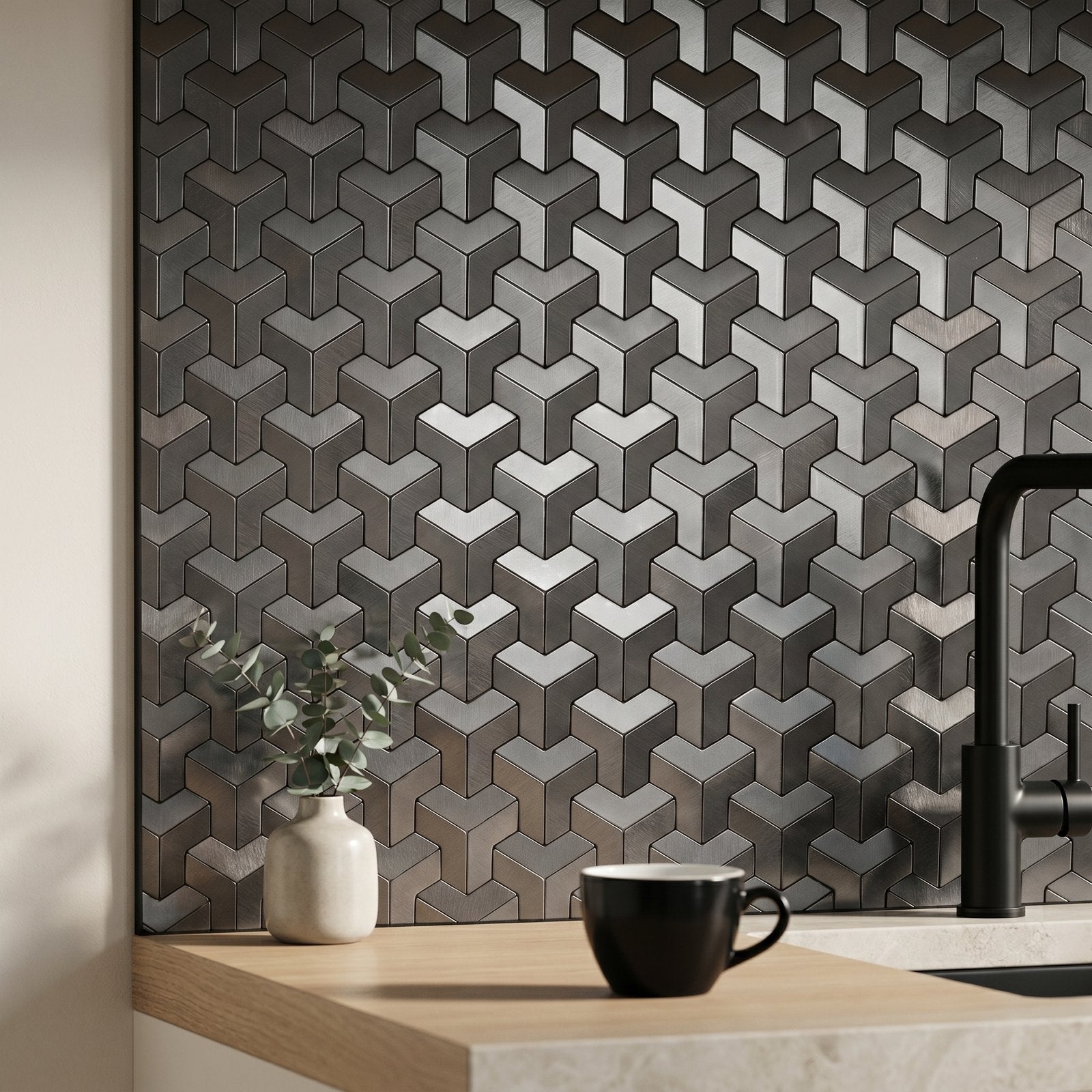 Trifold 3D Anthracite Peel & Stick Splashback | 30.3×28 cm | Self-Adhesive Mosaic Tile