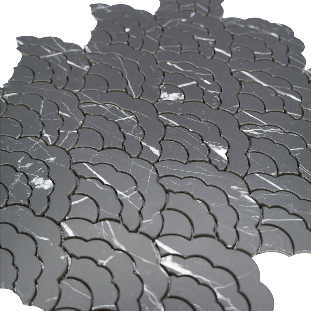 Fan Black Peel & Stick Splashback | 26.8×28.1 cm | Self-Adhesive Mosaic Tile