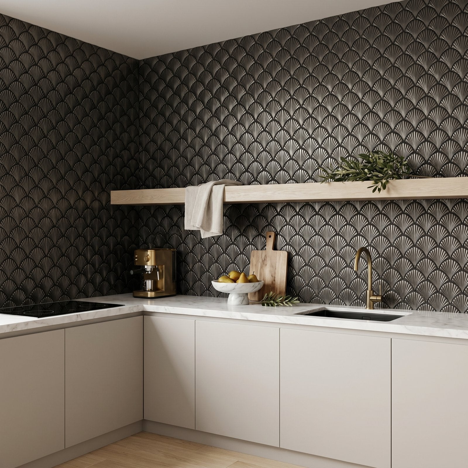 Fan Anthracite Peel & Stick Splashback | 26.8×28.1 cm | Self-Adhesive Mosaic Tile
