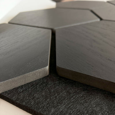 Black Hexagon Acoustic Wall Panel 81cm Real Wood Veneer Aku Woodpanel UK