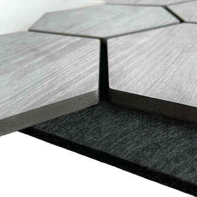 Grey Walnut Hexagon Acoustic Wall Panel 81cm Real Wood Veneer Aku Woodpanel UK