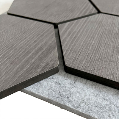 Grey Walnut Grey Felt Hexagon Acoustic Wall Panel 81cm Aku Woodpanel UK