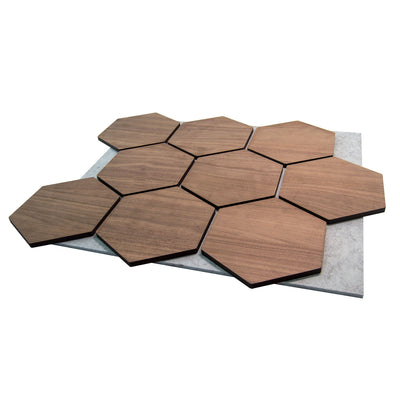 Walnut Grey Felt Hexagon Acoustic Wall Panel 81cm Aku Woodpanel UK