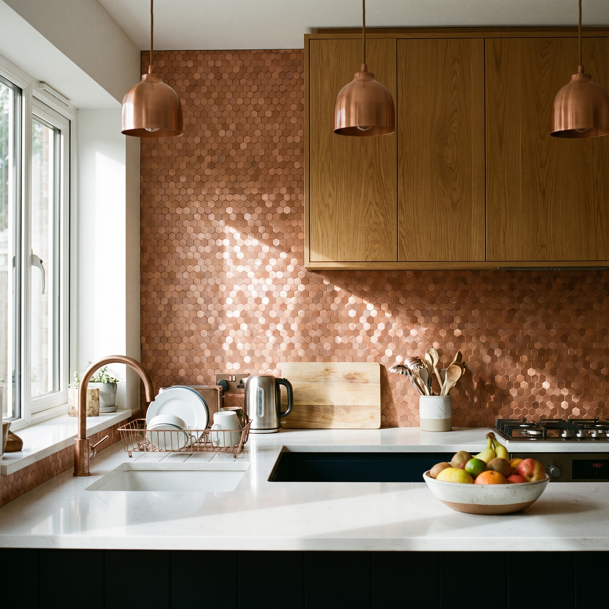 Mini Hexagon 3D Copper Peel & Stick Splashback | 29.8×30.7 cm | Self-Adhesive Mosaic Tile