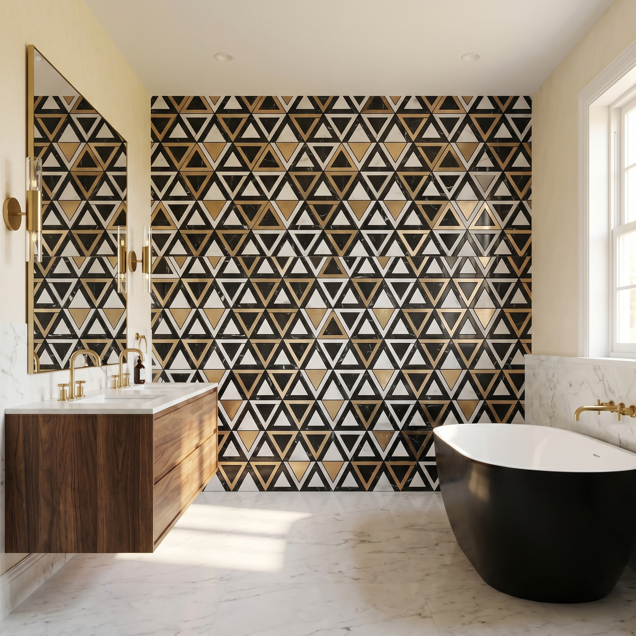 Triangle Black White-Gold Peel & Stick Splashback | 28.7×33.1 cm | Self-Adhesive Mosaic Tile