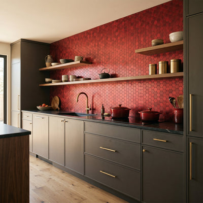 Hexagon Red Peel & Stick Splashback | 28.8×29.2 cm | Self-Adhesive Mosaic Tile