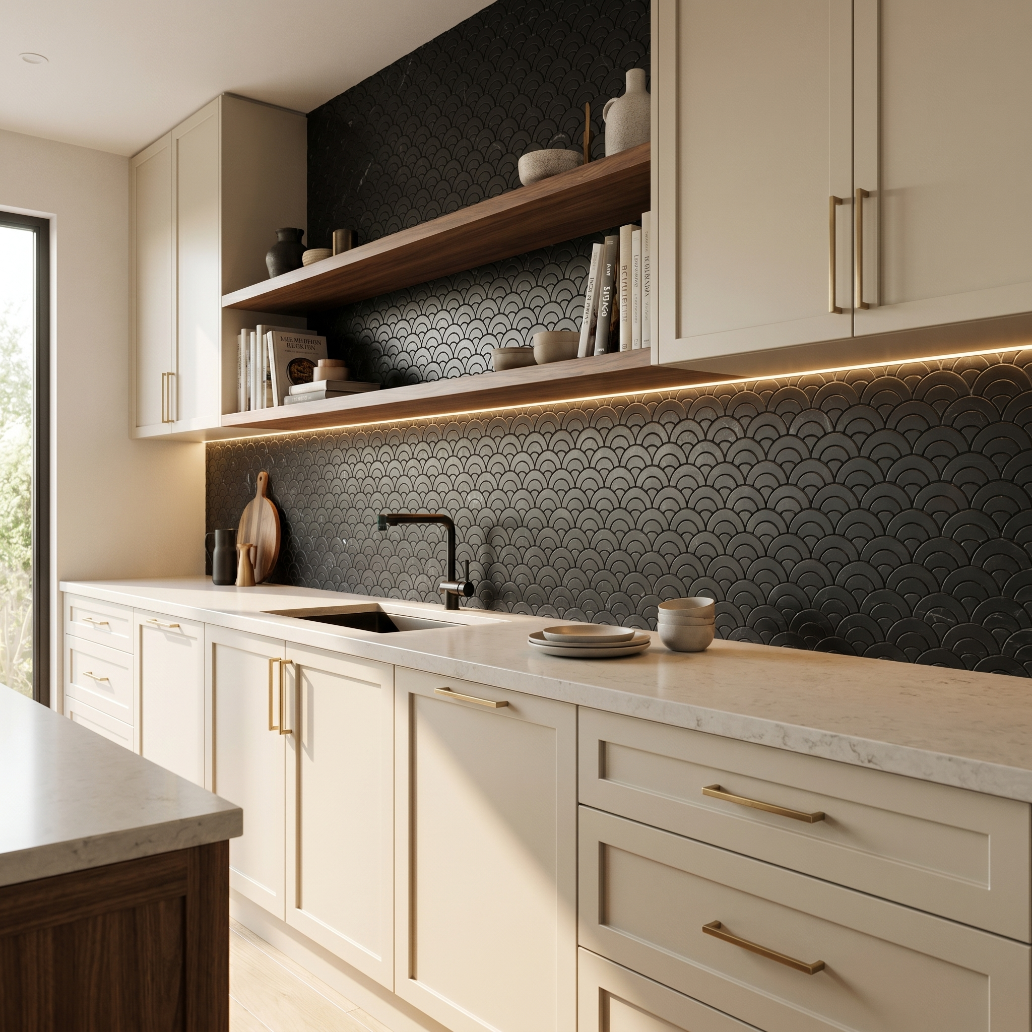 Fan Black Peel & Stick Splashback | 26.8×28.1 cm | Self-Adhesive Mosaic Tile