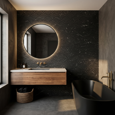 Fan Black Peel & Stick Splashback | 26.8×28.1 cm | Self-Adhesive Mosaic Tile