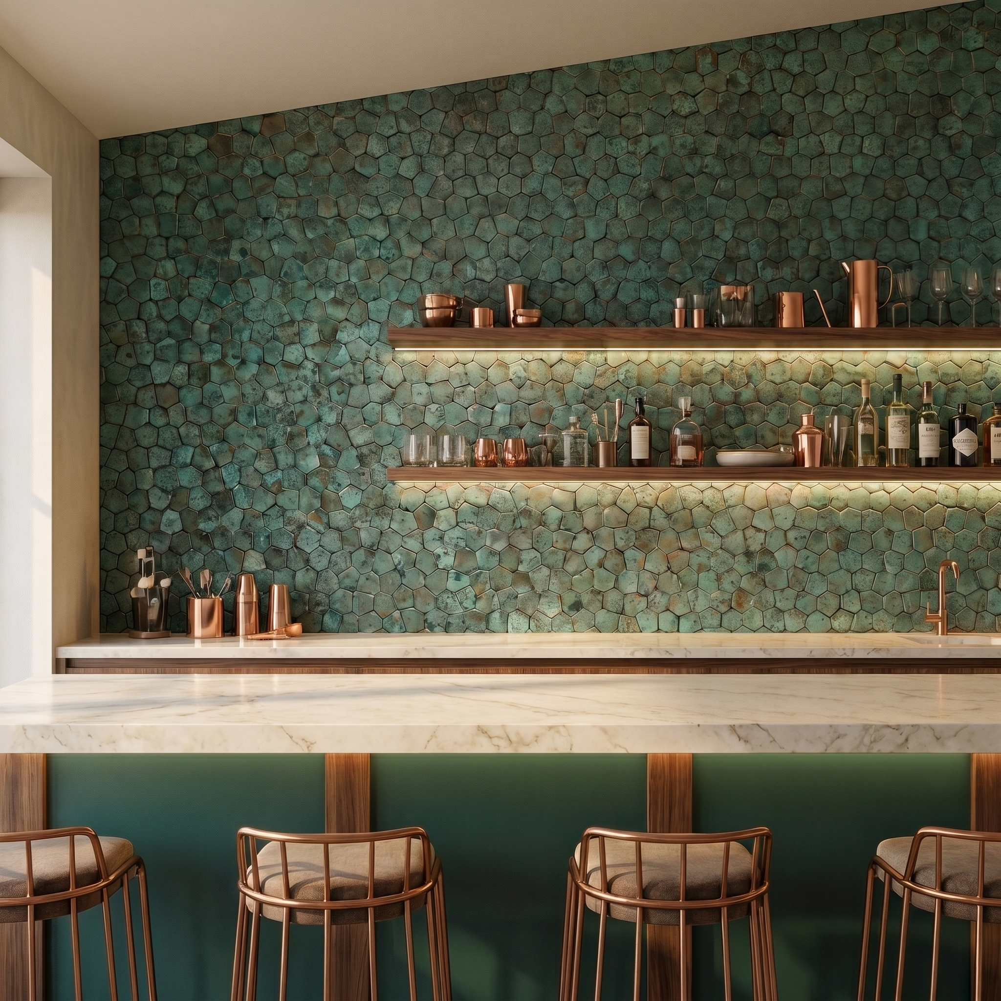 Pentagon 3D Patina Copper Peel & Stick Splashback | 28.2×28.2 cm | Self-Adhesive Mosaic Tile