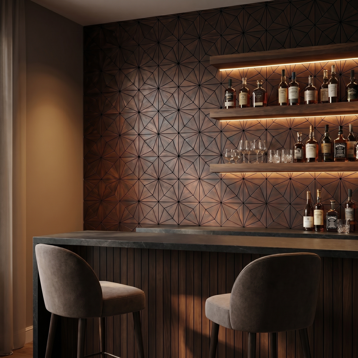Nolan Rose Black decorative wall panel as a bar back wall