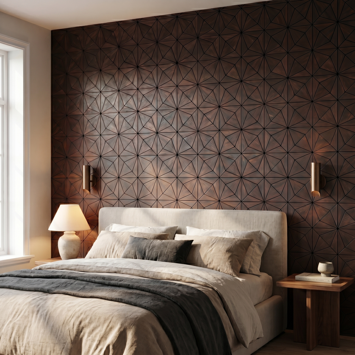 Nolan Rose Black decorative wall panel behind the bed in a bedroom