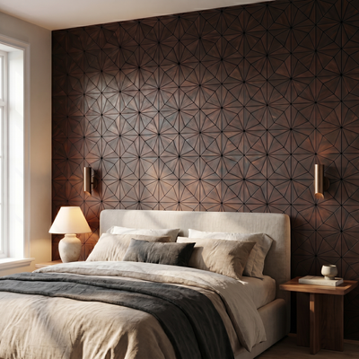 Nolan Rose Black decorative wall panel behind the bed in a bedroom