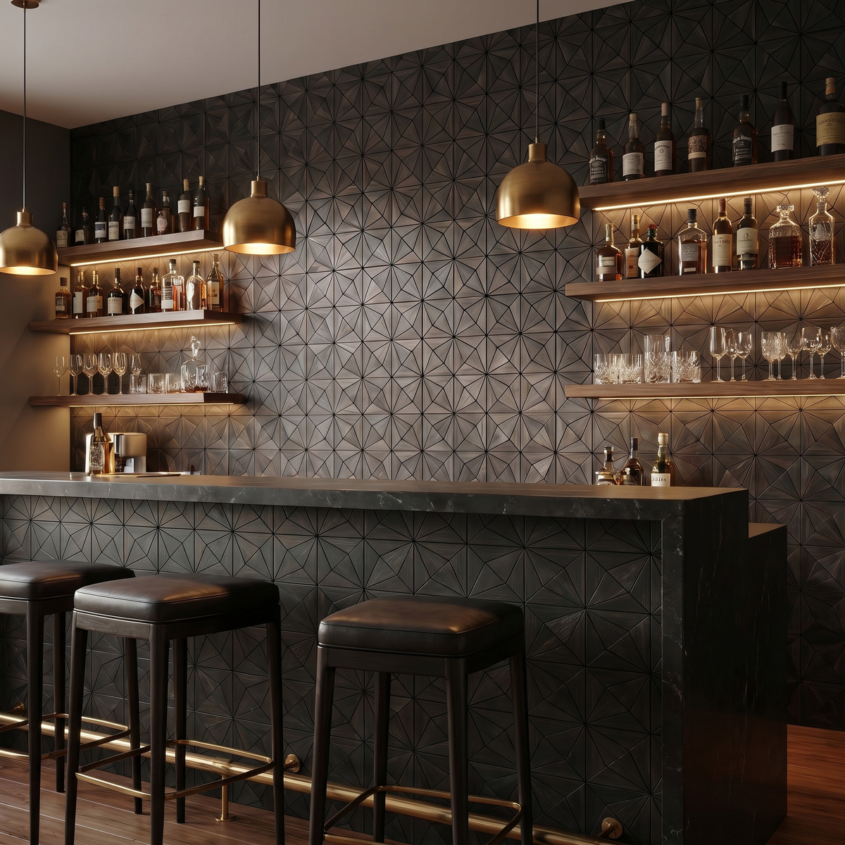 Nolan Black decorative wall panel as a bar back wall
