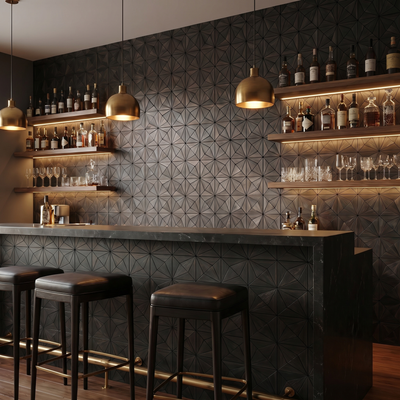 Nolan Black decorative wall panel as a bar back wall