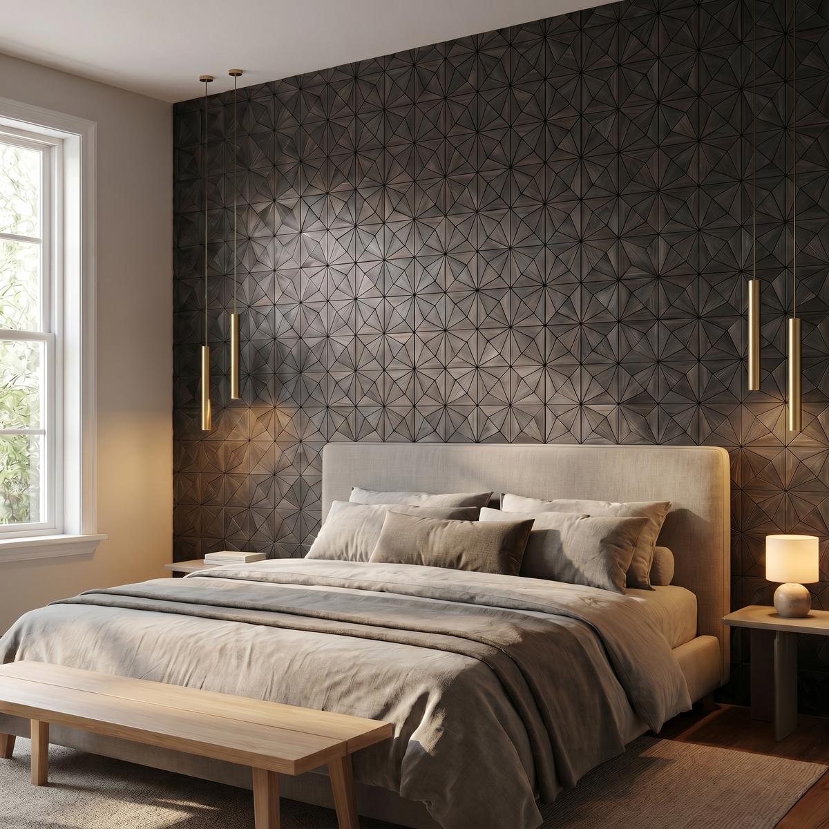 Nolan Black decorative wall panel behind the bed in a bedroom
