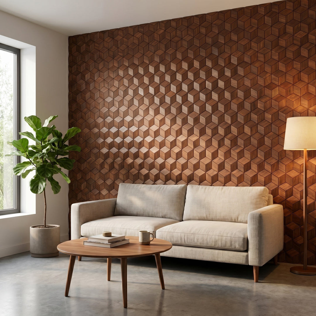 Lobelia Rust Copper decorative wall panel in a modern living room