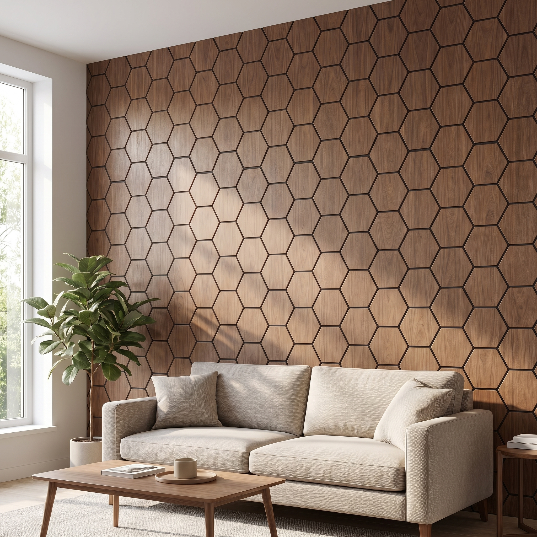 Hexagon walnut acoustic wall panel in a living room