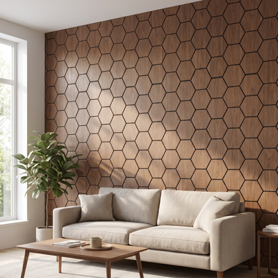 Hexagon walnut acoustic wall panel in a living room