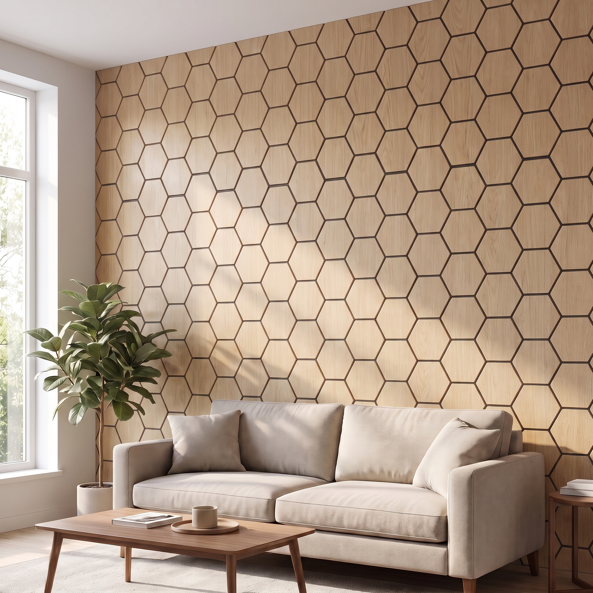 Hexagon natural oak wall panel in a living room