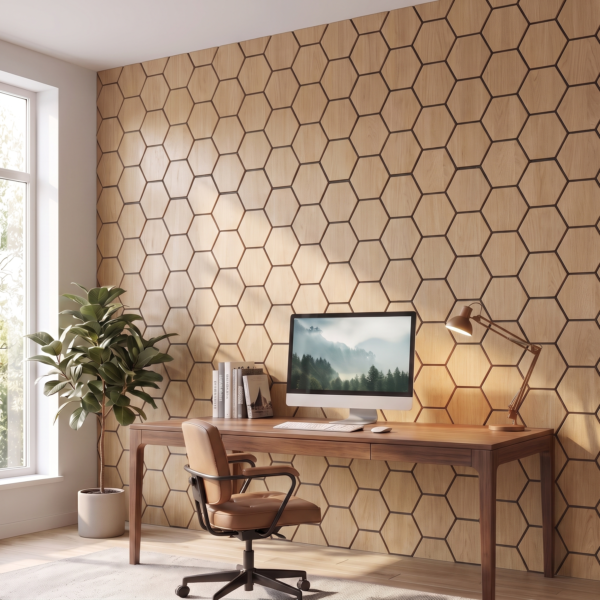 Hexagon natural oak wall panel in a home office