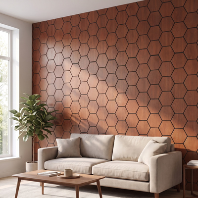 Hexagon smoked oak wall panel in a living room