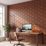 Hexagon smoked oak acoustic wall panel in a home office