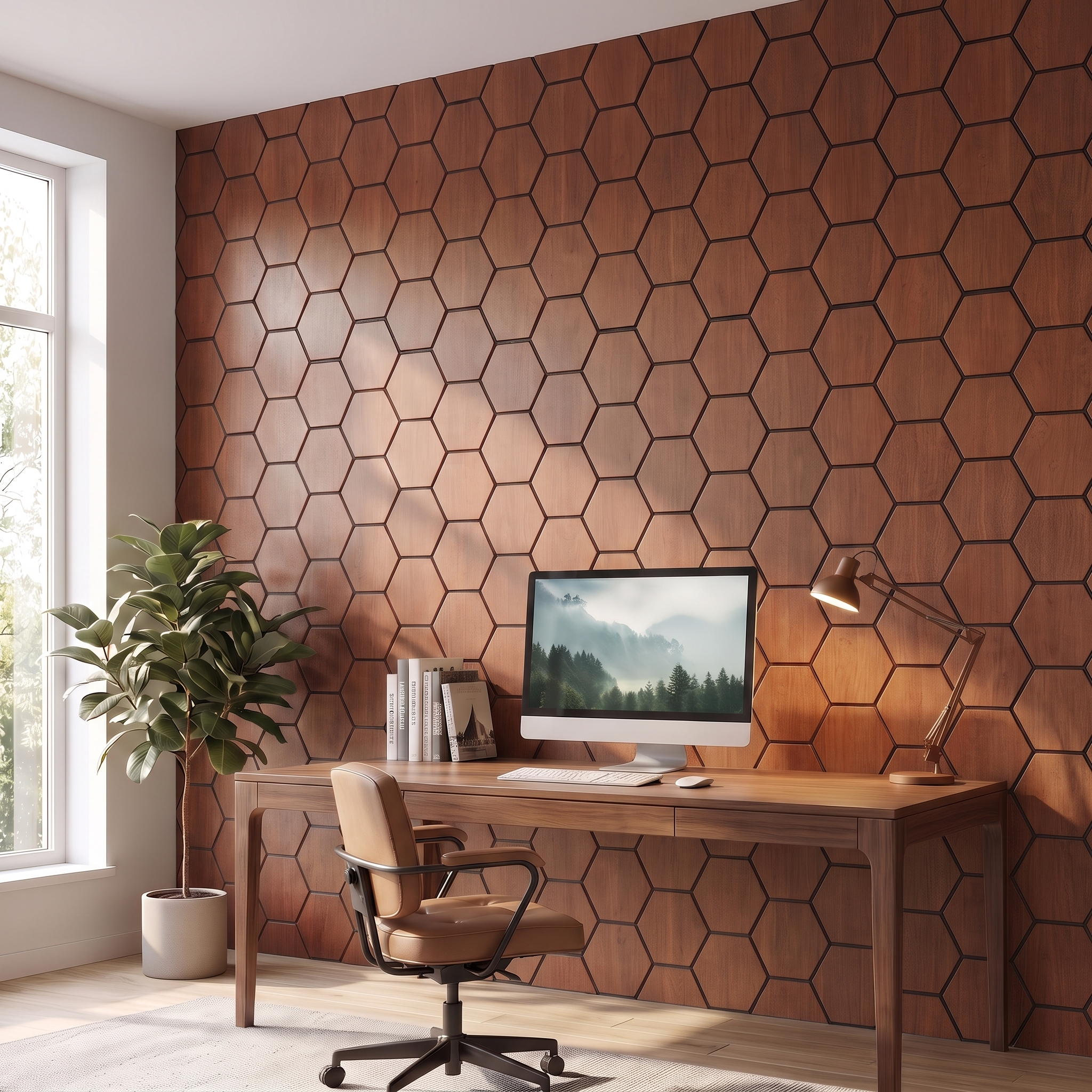 Hexagon smoked oak acoustic wall panel in a home office