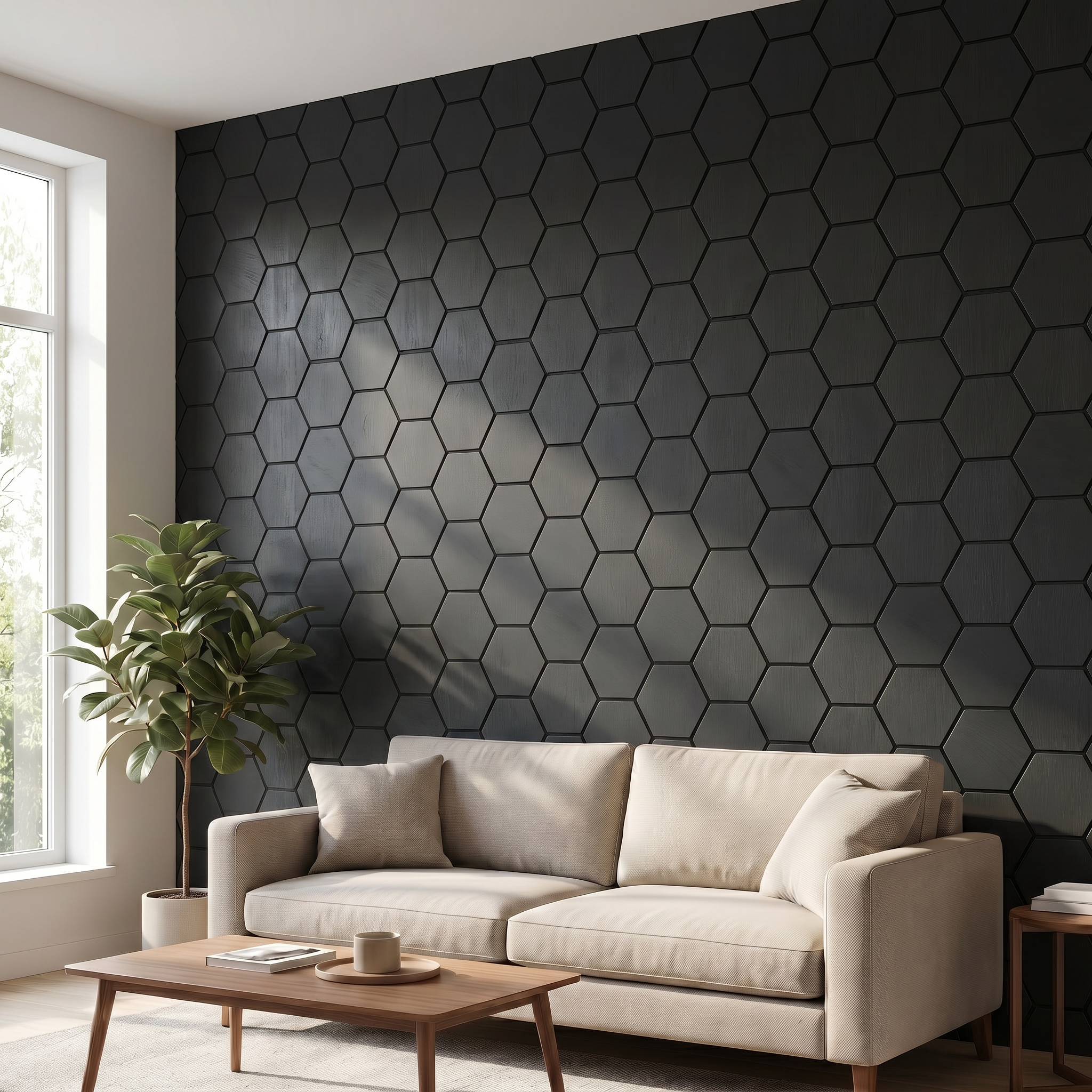 Hexagon black wall panel in a living room