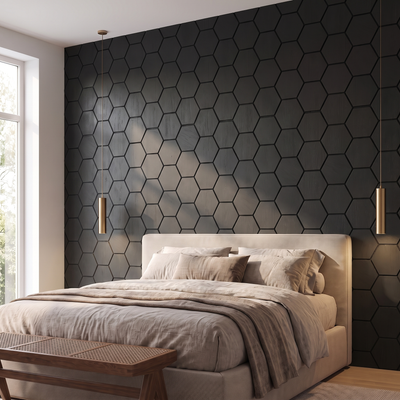 Hexagon black wall panel behind the bed in a bedroom