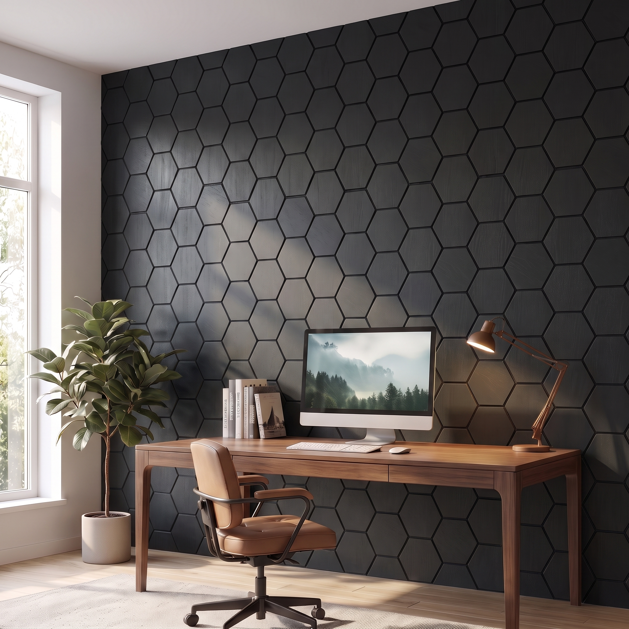 Hexagon black wall panel in a home office