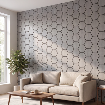 Hexagon grey walnut acoustic wall panel in a living room