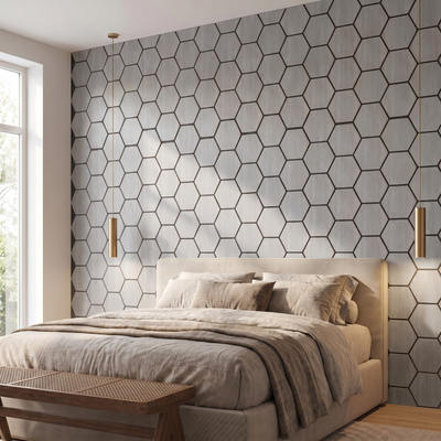 Hexagon grey walnut wall panel behind the bed in a bedroom