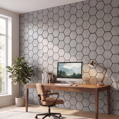 Hexagon grey walnut wall panel in a home office