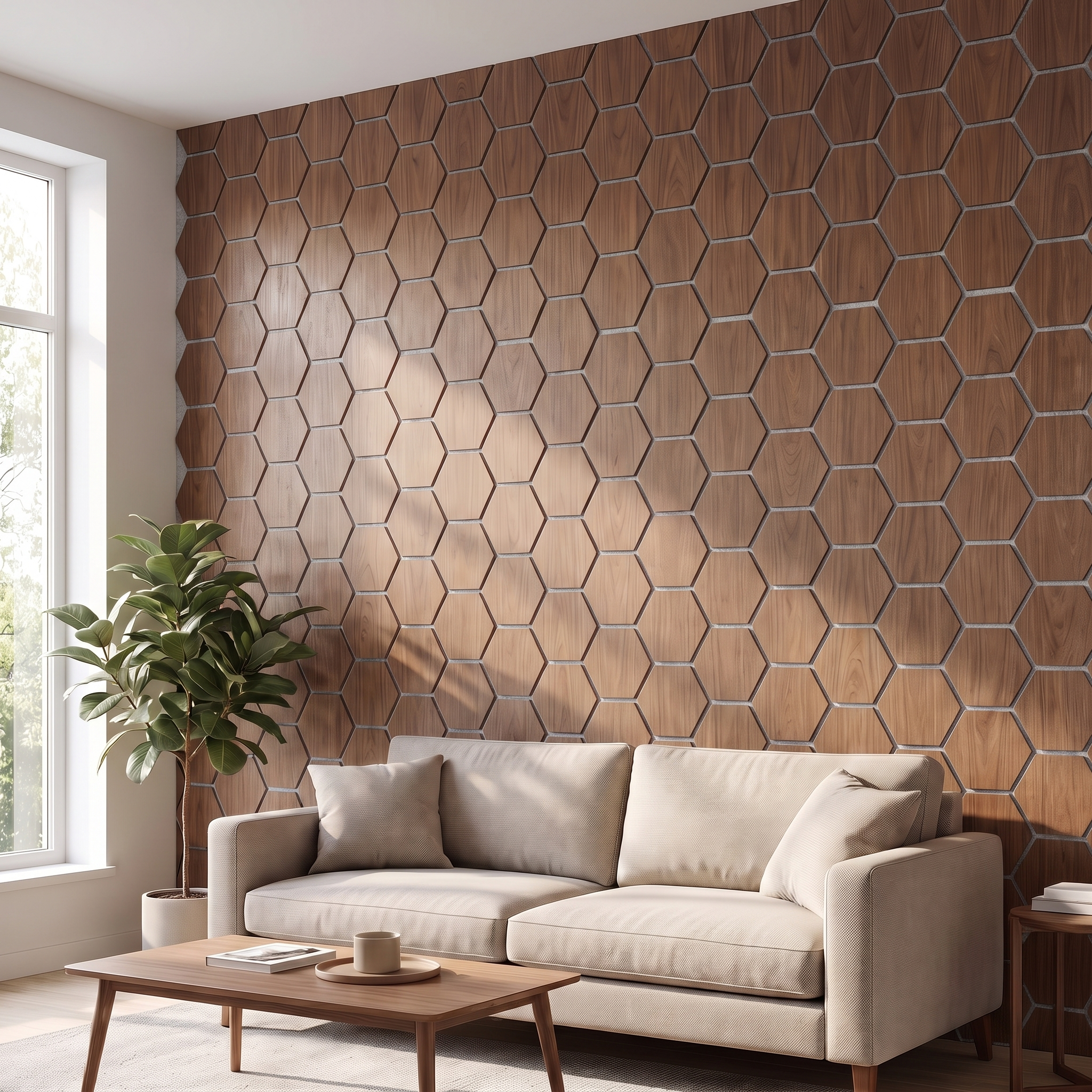 Hexagon walnut with grey felt acoustic wall panel in a living room